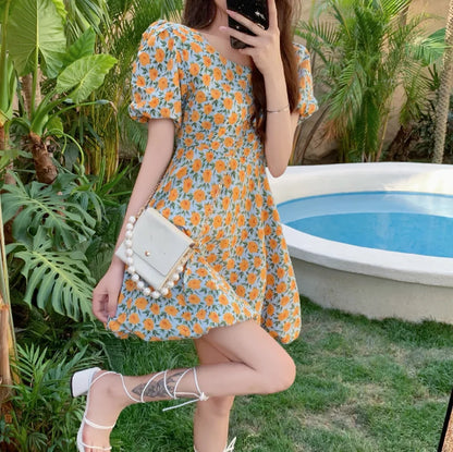 vmtvr Summer Vintage Floral Dress Women French Party Sweet Elegant Beach Casual Dress Korean Chic Princess Kawaii Holiday Dress