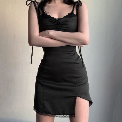 vmtvr -  Strappy Satin Ruched Black Dress Mini Lace Spliced Side Split Sexy Dress Female Sundress Backless Ladies Dresses