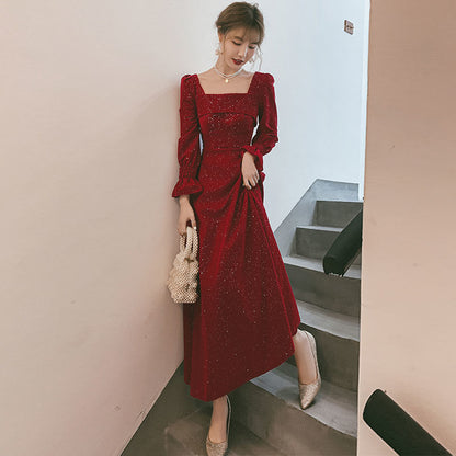 vmtvr - Korean Square Collar Sequins Elegant Velvet Dress Women Flare Long Sleeve Backless Maxi Dress Office Lady High Waist Slim Dress