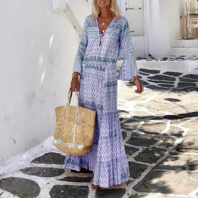 Women Vintage Geometric Print Long Party Dress Elegant Flare Sleeve Long Beach Dress  Sexy Spring Summer V Neck Maxi Dresses