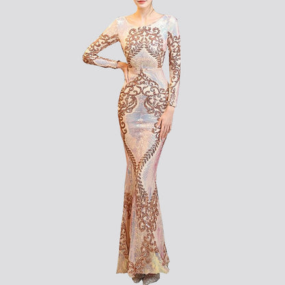 O-neck Long-Sleeve Shinning Sequins Evening Dresses Sexy Backless Mermaid Party Gowns Maxi Elegant Multi Female Robes Vestidos