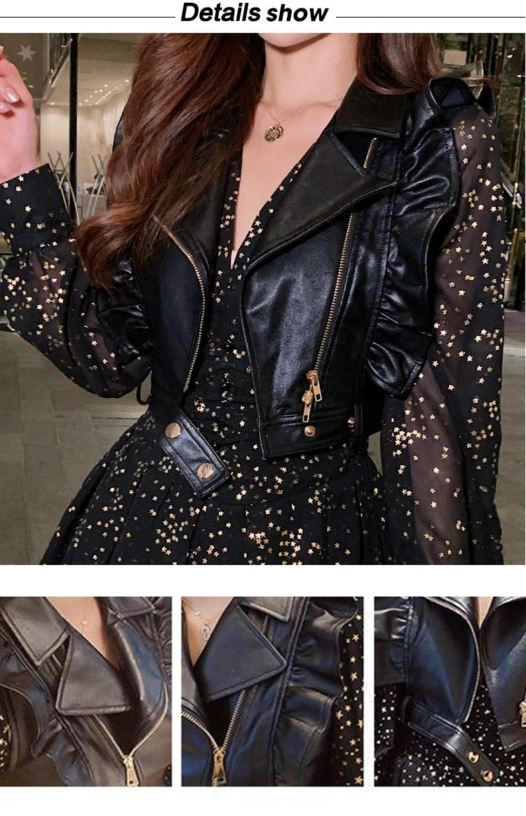 vmtvr - Fashion Korean 2 Piece Outfit Women Y2K Chic Casual Sexy Zipper Vest Tank Coat Sparkly Gold Print Mini Dress Slim Party Club Set