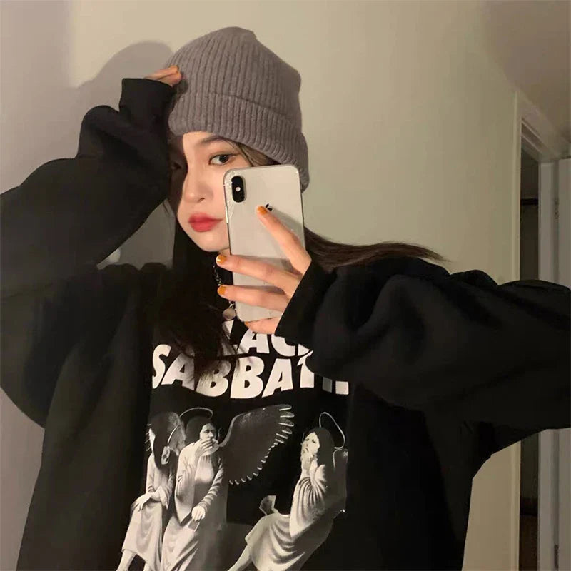 -Retro sports style outfit streetwear 90s fashion Calelinka Black Sabbath Rock Band Print Street Style Women Sweatshirts Autumn Loose Thick Pullover Funny Graphic Gothic Jumper