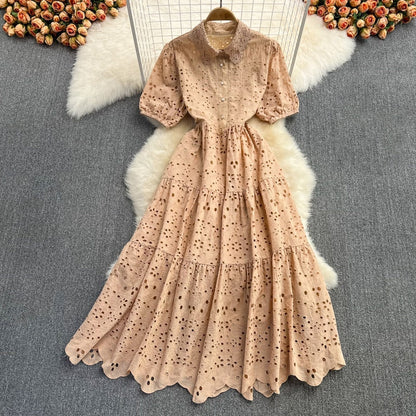 Vintage Elegant Women Summer Embroidery Hollow Out Midi Long Dresses Lady Boho A Line Vestidos Elbise Frocks Vestidos Za