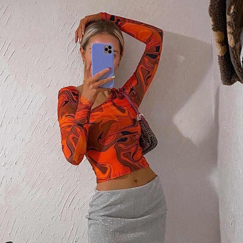 -Fall Outfits -Fall Outfits Long Sleeve Top  T Shirts Women Fashion Tie Dye Print Long Sleeve Crop Tops Ladies Aesthetic Y2K Summer T Shirts Aesthetic Orange Sexy T Shirts