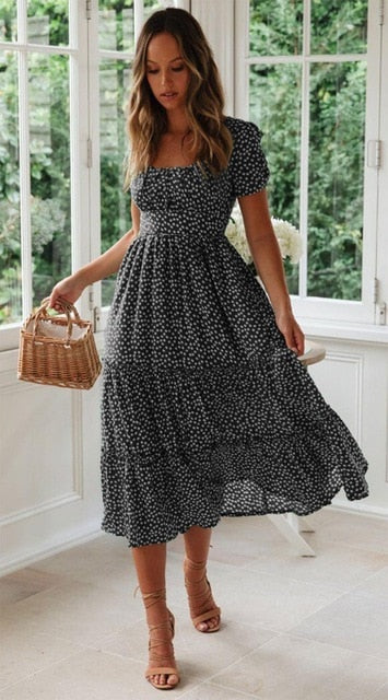 Vestidos Vintage Vintage Print Puff Sleeve summer Beach sweet dresses Casual Square collar floral maxi long dress  festa