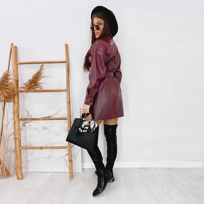 Women Vintage Front Buttons A-line PU Dress Long Sleeve Turn Down Collar Sashes Solid Casual Mini Dress  Winter New Dress