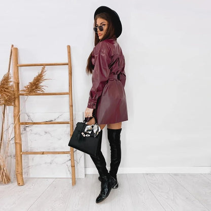 Women Vintage Front Buttons A-line PU Dress Long Sleeve Turn Down Collar Sashes Solid Casual Mini Dress  Winter New Dress