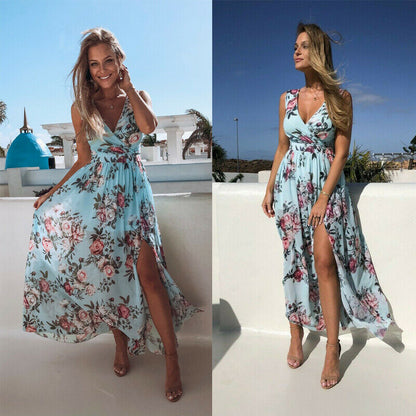 Women V-neck Floral Printed Dress Female Sexy Boho Holiday Vintage Long Maxi Dress Stylish Evening Party Split Dresses Vestidos