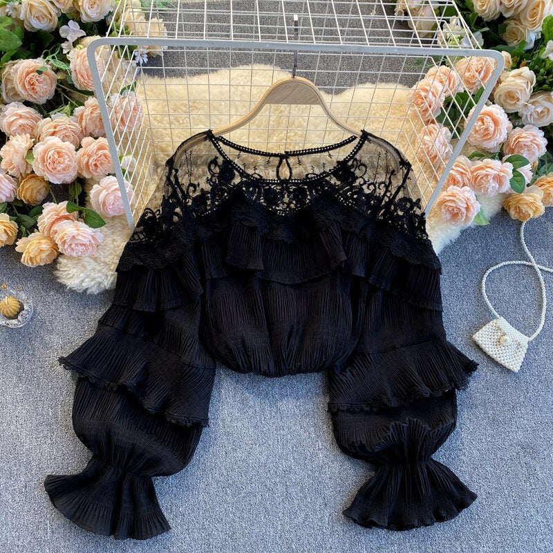 French Mesh Splice Blouse Women Elegant Solid Puff Sleeve Lace Ruffles Blouses Autumn Casual Loose Streetwear Tops