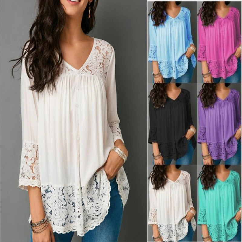 Large size lace women blouse shirt casual loose women shirts fashion V-neck five-point sleeve women blouse summer