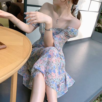 vmtvr Vintage Flower Split Dress Women Puff Sleeve Elegant Long Fairy Dress Casual Party Beach Holiday Summer Dress Women Korean