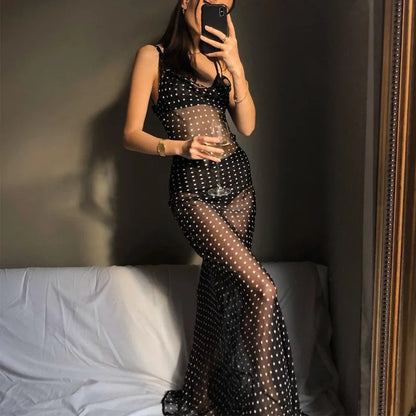 Spaghetti Strap Polka Dot Maxi Dresses Sexy Backless Women Dresses Party Club Black Mesh See Through Dress Elegant