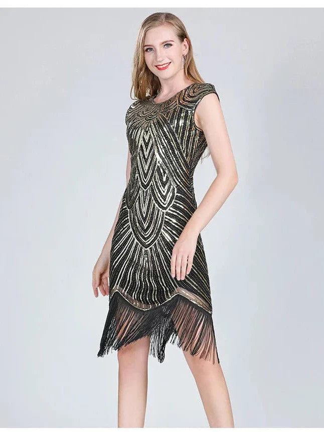 Women 1920s Flapper Dress Great Gatsby Dress V-Neck Sleeve Sequin Fringe Party Midi Dress Vestido Summer Women Dress