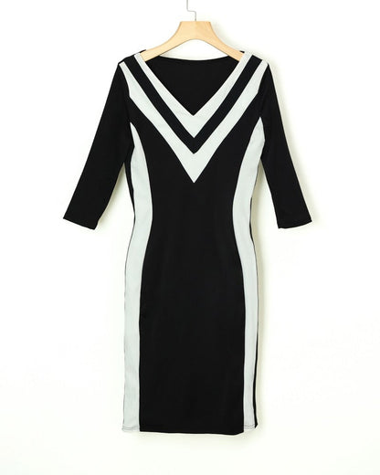 vmtvr - Contrast Color Striped Tape Bodycon Dress Women Sexy V Neck Long Sleeve Party Dress