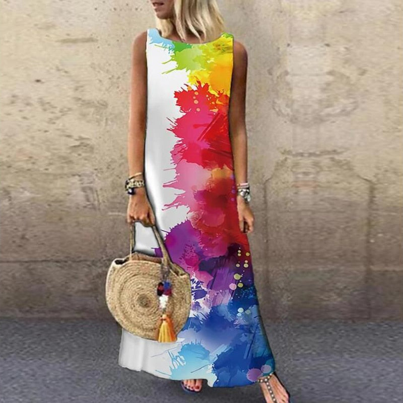 Vintage Floral Printed Women Sleeveless Sundress Summer Loose Casual Beach Long Dress Ladies Bohemia Maxi Dresses Party Vestidos