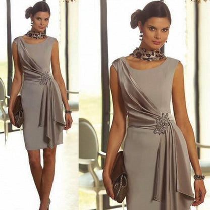 vmtvr Latest On Sale Short Mother of the Bride Dresses Sleeveless Jewel Neck Pleating Wedding Party Dresses Knee Length Beaded