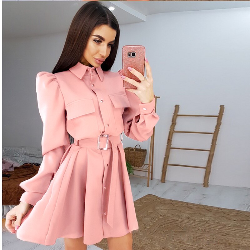 Women Casual Puff Sleeve Belt A Line Party Dress Long Sleeve Turn Down Collar Office Lady Fashion Autumn Winter Mini Dress