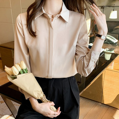 -Fall Outfits Long Sleeve Top  Black Friday Elegant Satin Blouse Autumn Spring Turn-Down Collar Single-Breasted Long Sleeve Female Chiffon Shirt Ladies Blouse Plus