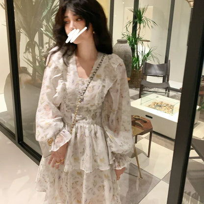 vmtvr Vintage Long Sleeve Fairy Dress Women Sweet Ruffle Elegant Princess FloralDress Female Autumn Slim Korean Party Mini Dress