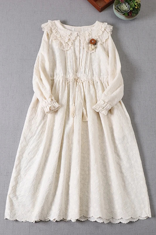 vmtvr  -  sweet girl solid embroidery flower cotton dress Japan style peter pan collar long sleeve midi dress lolita fairy dress