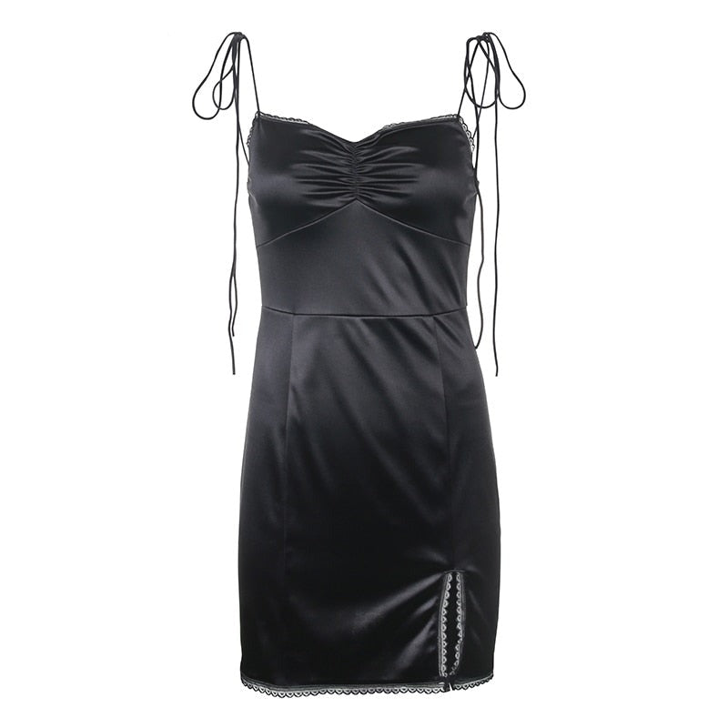 vmtvr -  Strappy Satin Ruched Black Dress Mini Lace Spliced Side Split Sexy Dress Female Sundress Backless Ladies Dresses