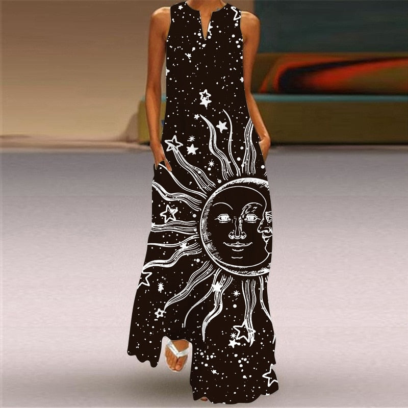 Vintage Print Women Sundress  Summer Fashion Sexy V-neck Sleeveless Long Dresses with Pocket Casual Lady Maxi Dress Vestidos