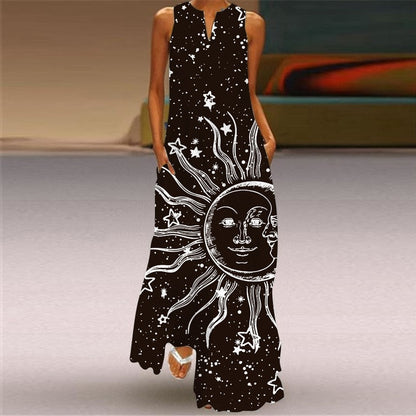 Vintage Print Women Sundress  Summer Fashion Sexy V-neck Sleeveless Long Dresses with Pocket Casual Lady Maxi Dress Vestidos