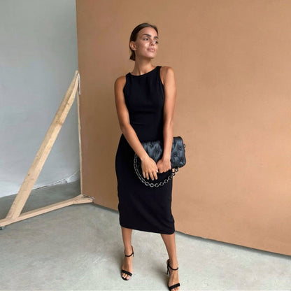 Women Casual O Neck Split Sleeveless Midi Dress Summer Solid Color Straight Loose Office Lady Elegant Dresses For Women