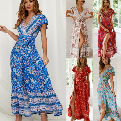 vmtvr - Women Bohemian V Neck Summer Maxi Dress Butterfly Short Sleeve Floral High Split Long Dress Wrap High Waist Bandage Sundress