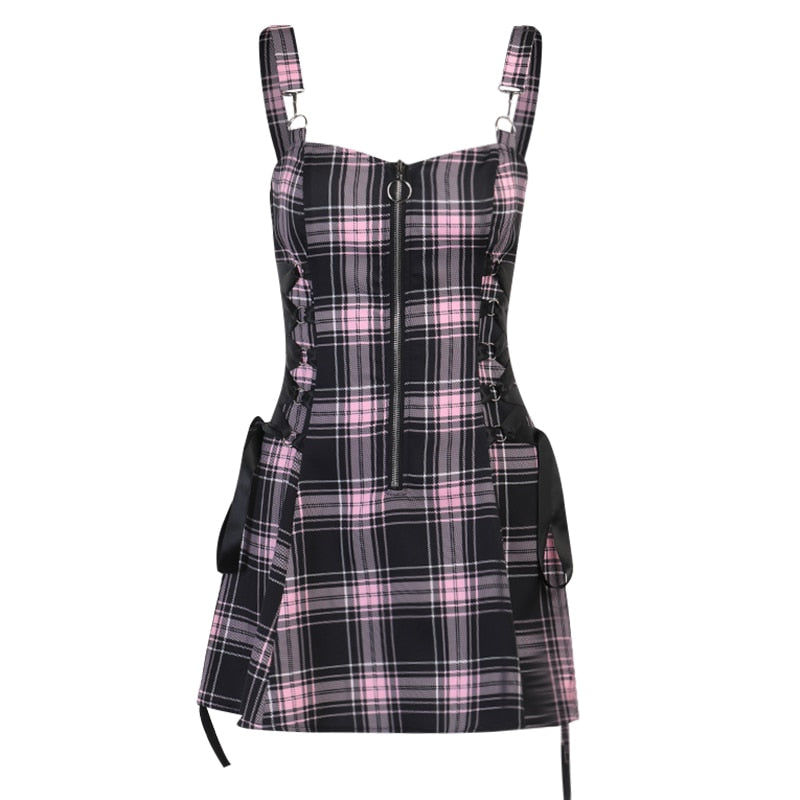 vmtvr Gothic Plaid Bandage Black Blue Dress Women Vintage Sleeveless Zipper Sexy Mini Dress Punk Aesthetic Summer A Line Dress