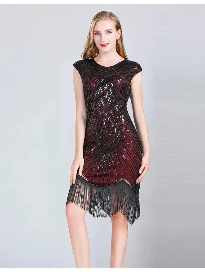 Women 1920s Flapper Dress Great Gatsby Dress V-Neck Sleeve Sequin Fringe Party Midi Dress Vestido Summer Women Dress