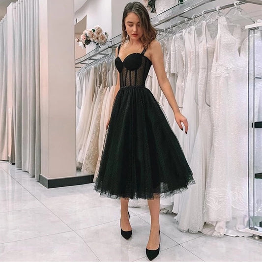 vmtvr - Black Polka Dot Tulle Short Prom Dresses Velour Tea Length Evening Gown 2023 Hot Sale Women Wedding Party Dresses