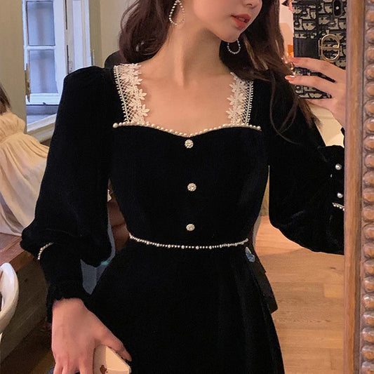 vmtvr Vintage Gothic Velvet Dress Women Winter Patchwork Lace Elegant Dress Lady Casual Korean Party One Piece Dress for New Year