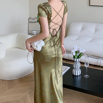 vmtvr - Elegant Women Green Satin Backless Evening Dress Ladies Lace Bandage Vintage Jacquard Mixi Dresses Party Vestidos Summer Robe