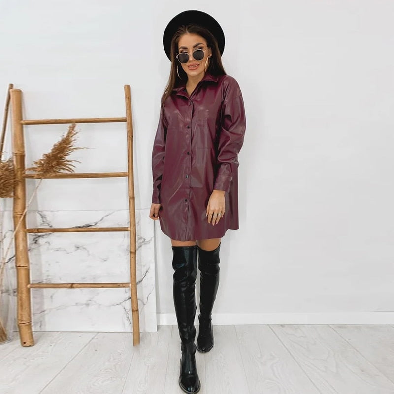 Women Vintage Front Buttons A-line PU Dress Long Sleeve Turn Down Collar Sashes Solid Casual Mini Dress  Winter New Dress