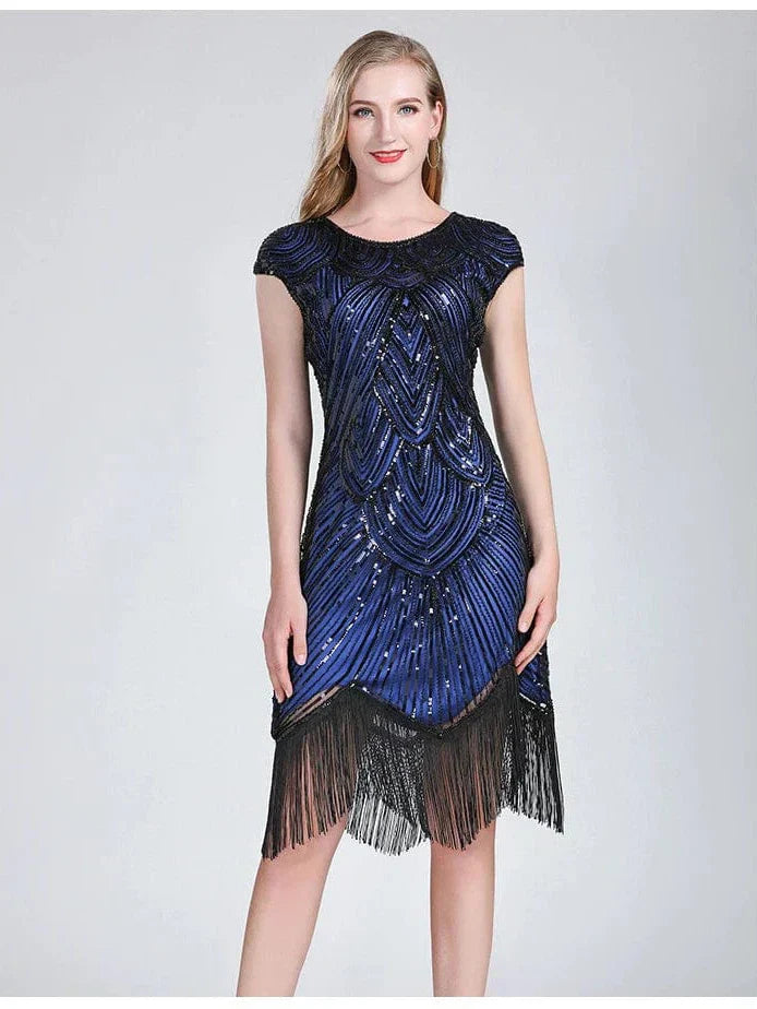 Women 1920s Flapper Dress Great Gatsby Dress V-Neck Sleeve Sequin Fringe Party Midi Dress Vestido Summer Women Dress