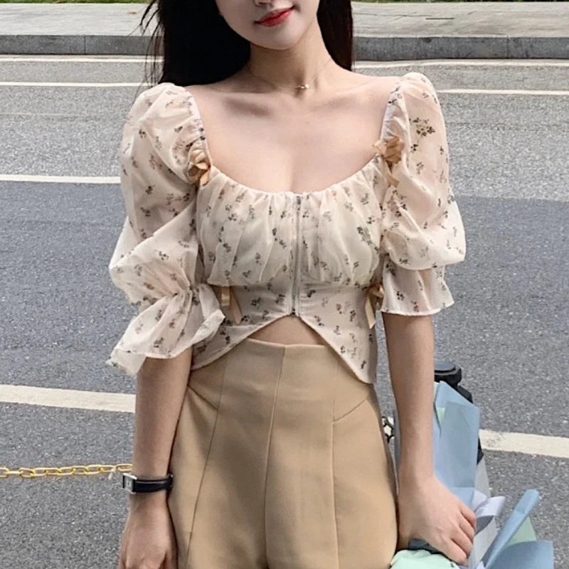 vmtvr Puff Sleeve Floral Chiffon Blouses Women Summer Short Korean Design Fairy Shirts Tops Casual Chic Evening Party Y2k Clothes