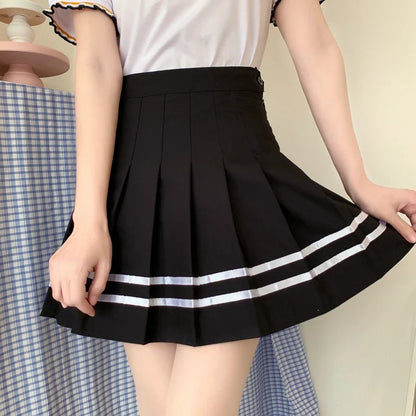 vmtvr Black Striped Women Pleated Skirt Summer High Waist A Line Ladies Sexy Mini Skirt Japan Zipper Preppy Girls Dance Skirts