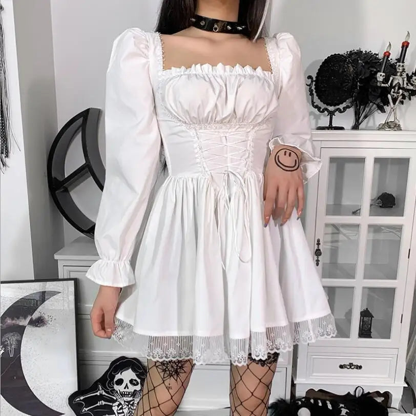 vmtvr  -  Lolita Princess Black Gothic Sexy Mini Bad Girl Dress Kawaii High Waist Puff Sleeve Lace Ruffles Party Robe Women Dresses w885