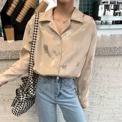 -Fall Outfits Long Sleeve Top  Vintage Button Up Blouses Women Single Breasted Turn-Down Collar Long Sleeve Solid Tops  Summer Fashion New Shirts