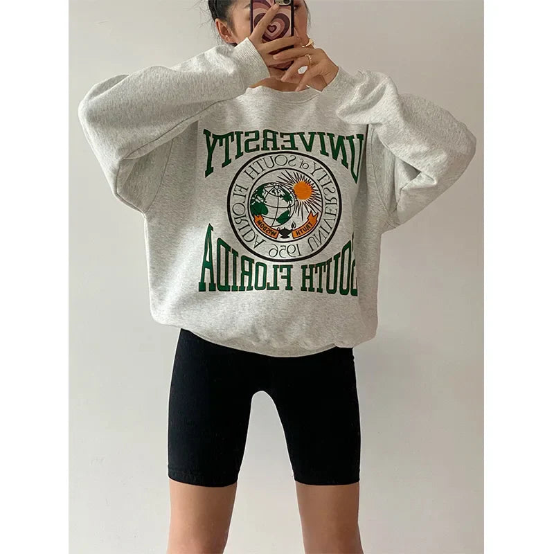 -Retro sports style outfit streetwear 90s fashion American Vintage University of South Florida Print Female Thick Pullover Long Sleeve Thick  Autumn Winter Grey Sweatshirts