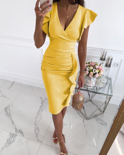 vmtvr - Elegant Workwear V-Neck Ruffle Hem Ruched Midi Long Bodycon Dress