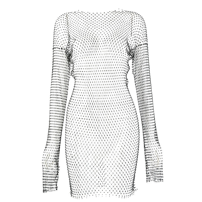 vmtvr - Diamond Sexy Bodycon Dress Women Hollow Out Long Sleeve Mini Dress Summer See Through Party Vestidos Mujer Verano