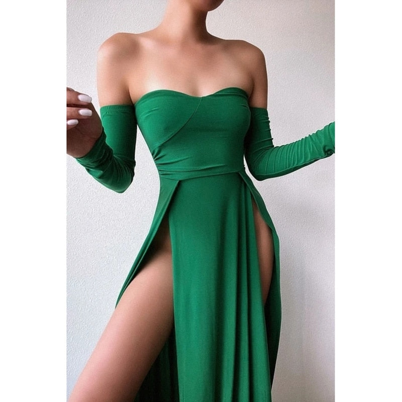 Off Shoulder Sexy Long Dress Women Elegant Evening High Split Celebrity Dresses Backless Bodycon Christmas Dress