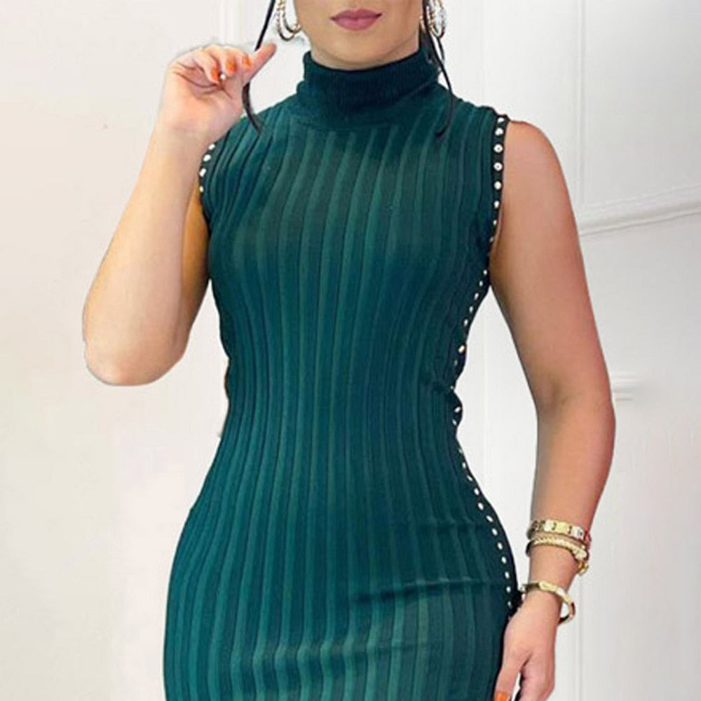 New Fashion Elegant Women High Neck Studded Decor Ribbed Sleeveless Green Sexy Bodycon Dress Corset Party Wear Robes Female