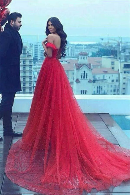 Long Prom A-line Off-the-shoulder Red Beading Prom Dresses Pearls Crystals Saudi Arabia Evening Gowns