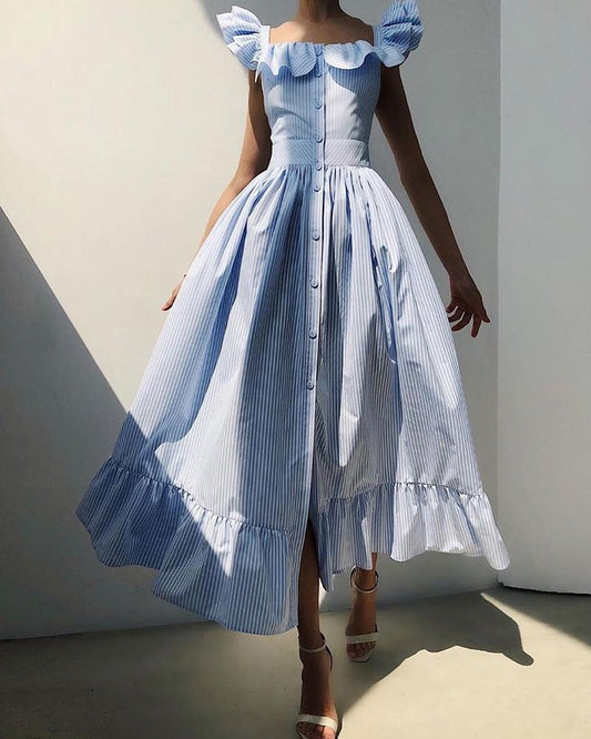 Striped Square Neck Flutter Sleeve Sweet Dress Women Ruffles Maxi Dress