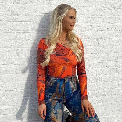 -Fall Outfits -Fall Outfits Long Sleeve Top  T Shirts Women Fashion Tie Dye Print Long Sleeve Crop Tops Ladies Aesthetic Y2K Summer T Shirts Aesthetic Orange Sexy T Shirts