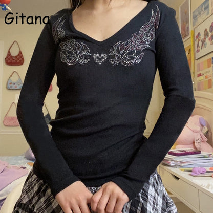 -Fall Outfits -Fall Outfits Long Sleeve Top  Diamonds Fairy Grunge Knitted T Shirts Women Long Sleeve Tee Shirt Harajuku V Neck Crop Tops  Autumn